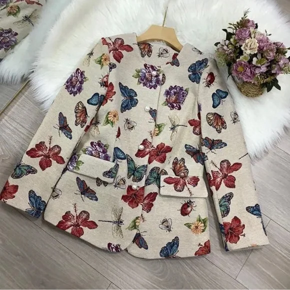 Vintage Style Butterfly Print Collarless Blazer - Picture 2 of 6